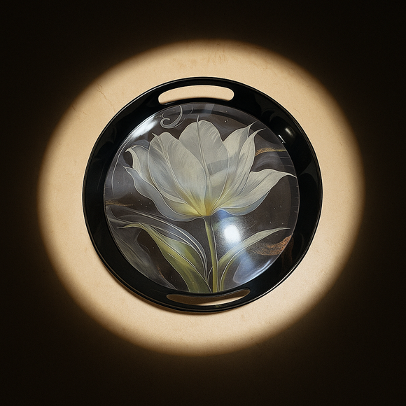 Comfy Homes Round Melamine Tray | Durable, Stackable Serving Tray | Premium Printed Serveware for Kitchen, Dining Table, Coffee Table, Office Desk, Parties, Snacks, Breakfast & More (White Lily)