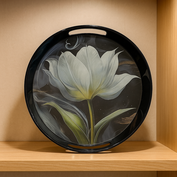 Comfy Homes Round Melamine Tray | Durable, Stackable Serving Tray | Premium Printed Serveware for Kitchen, Dining Table, Coffee Table, Office Desk, Parties, Snacks, Breakfast & More (White Lily)