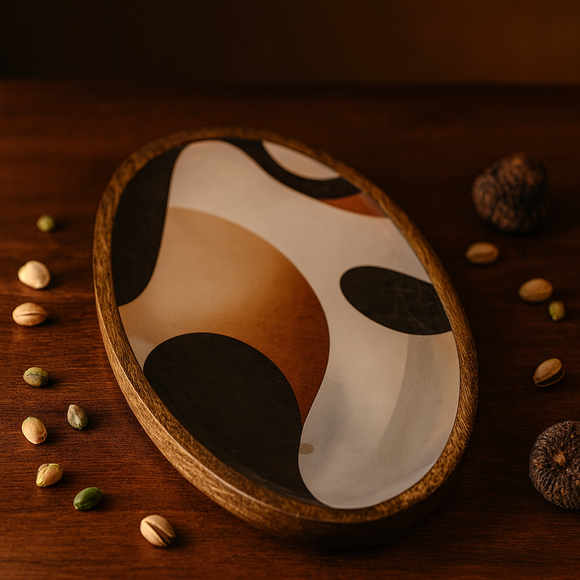 Comfy Homes Mango Wooden Serving Platter | Handcrafted Oval Shaped Natural Wood Tray | Durable, Food-Safe and Eco-Friendly | Platter for Snacks, Fruits, Appetizers and Kitchen Decor (Impressionist)