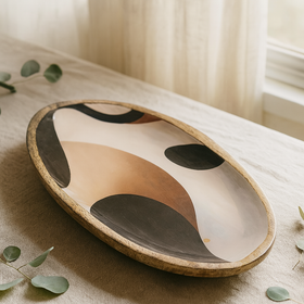 Comfy Homes Mango Wooden Serving Platter | Handcrafted Oval Shaped Natural Wood Tray | Durable, Food-Safe and Eco-Friendly | Platter for Snacks, Fruits, Appetizers and Kitchen Decor (Impressionist)