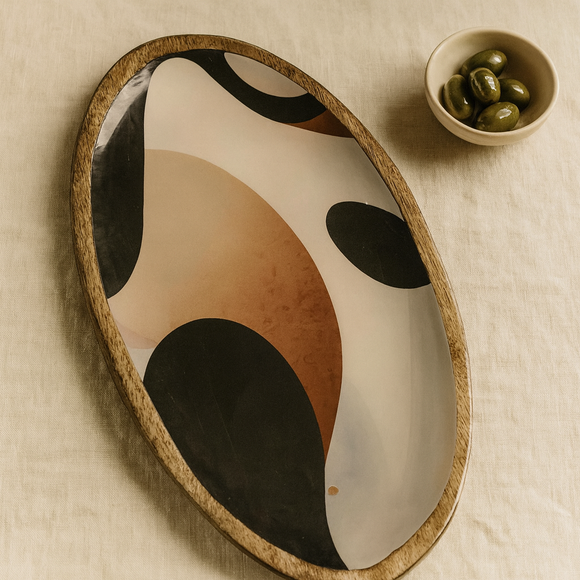 Comfy Homes Mango Wooden Serving Platter | Handcrafted Oval Shaped Natural Wood Tray | Durable, Food-Safe and Eco-Friendly | Platter for Snacks, Fruits, Appetizers and Kitchen Decor (Impressionist)