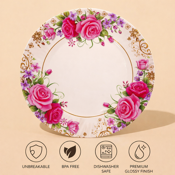 Comfy Homes 32 Pcs Lightweight Dinner Set | Round Design with Dinner Plates, Small Plates, Serving Tray, Bowls with Lids, Spoons & Serving Spoons | Unbreakable & Lightweight Dinnerware (Floral Bloom)