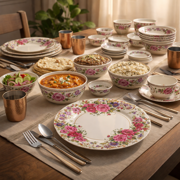 Comfy Homes 24 Pcs Lightweight Dinner Set | Round Design with Dinner Plates, Small Plates, Serving Tray, Bowls with Lids, Spoons & Serving Spoons | Unbreakable & Lightweight Dinnerware (Floral Bloom) - 0
