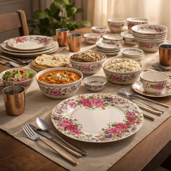 Comfy Homes 24 Pcs Lightweight Dinner Set | Round Design with Dinner Plates, Small Plates, Serving Tray, Bowls with Lids, Spoons & Serving Spoons | Unbreakable & Lightweight Dinnerware (Floral Bloom)