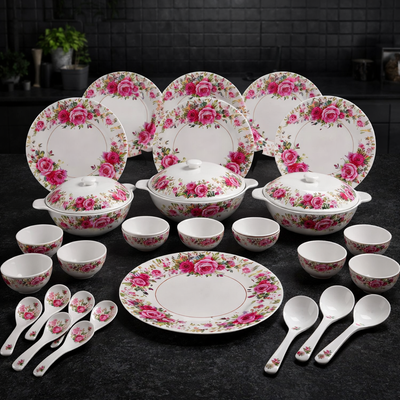 Comfy Homes 24 Pcs Lightweight Dinner Set | Round Design with Dinner Plates, Small Plates, Serving Tray, Bowls with Lids, Spoons & Serving Spoons | Unbreakable & Lightweight Dinnerware (Floral Bloom)