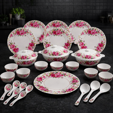 Comfy Homes 32 Pcs Lightweight Dinner Set | Round Design with Dinner Plates, Small Plates, Serving Tray, Bowls with Lids, Spoons & Serving Spoons | Unbreakable & Lightweight Dinnerware (Floral Bloom)