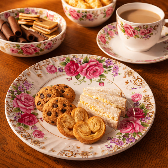 Comfy Homes 32 Pcs Lightweight Dinner Set | Round Design with Dinner Plates, Small Plates, Serving Tray, Bowls with Lids, Spoons & Serving Spoons | Unbreakable & Lightweight Dinnerware (Floral Bloom)