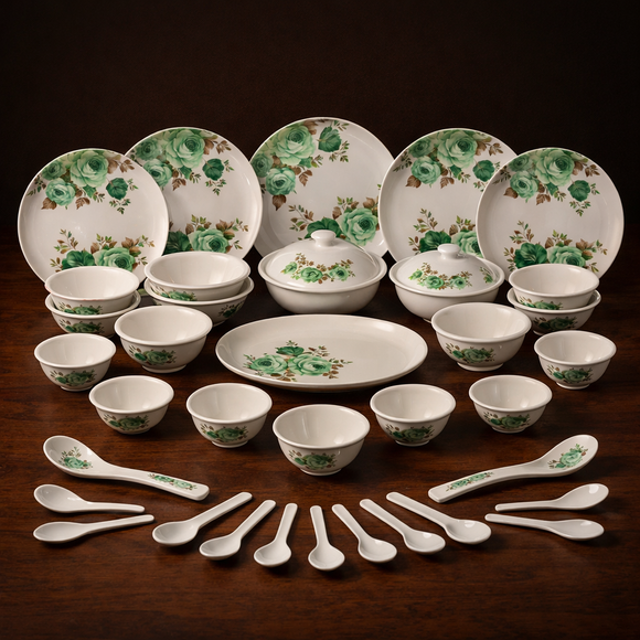 Comfy Homes 41 Pcs Lightweight Dinner Set | Round Design with Dinner Plates, Small Plates, Serving Tray, Bowls with Lids, Spoons & Serving Spoons | Unbreakable & Lightweight Dinnerware