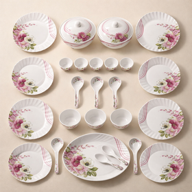 Comfy Homes Round Melamine 41 Pcs Dinner Set | 6 Dinner Plates, 6 Small Plates, 1 Serving Tray, 3 Big Serving Bowls with Lid, 12 Small Bowls, 6 Spoons, 4 Serving Spoons (Flora Grace)