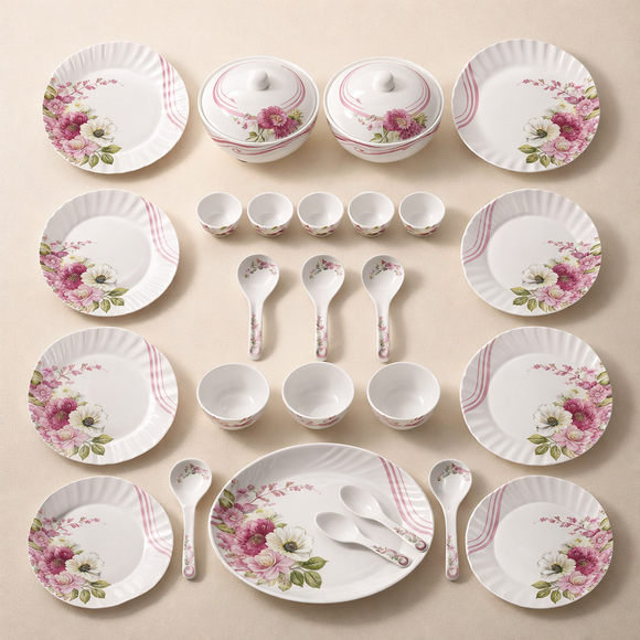 Comfy Homes Round Melamine 41 Pcs Dinner Set | 6 Dinner Plates, 6 Small Plates, 1 Serving Tray, 3 Big Serving Bowls with Lid, 12 Small Bowls, 6 Spoons, 4 Serving Spoons (Flora Grace)