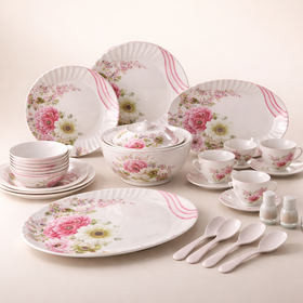 Comfy Homes Round Melamine 41 Pcs Dinner Set | 6 Dinner Plates, 6 Small Plates, 1 Serving Tray, 3 Big Serving Bowls with Lid, 12 Small Bowls, 6 Spoons, 4 Serving Spoons (Flora Grace) - 0
