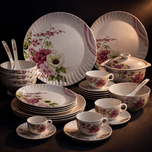 Comfy Homes Round Melamine 41 Pcs Dinner Set | 6 Dinner Plates, 6 Small Plates, 1 Serving Tray, 3 Big Serving Bowls with Lid, 12 Small Bowls, 6 Spoons, 4 Serving Spoons (Flora Grace)