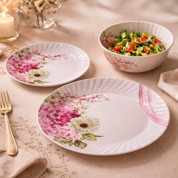 Comfy Homes Round Melamine 41 Pcs Dinner Set | 6 Dinner Plates, 6 Small Plates, 1 Serving Tray, 3 Big Serving Bowls with Lid, 12 Small Bowls, 6 Spoons, 4 Serving Spoons (Flora Grace)