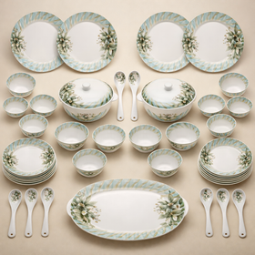 Comfy Homes Round Melamine 41 Pcs Dinner Set | 6 Dinner Plates, 6 Small Plates, 1 Serving Tray, 3 Big Serving Bowls with Lid, 12 Small Bowls, 6 Spoons, 4 Serving Spoons (Verdant Bloom)