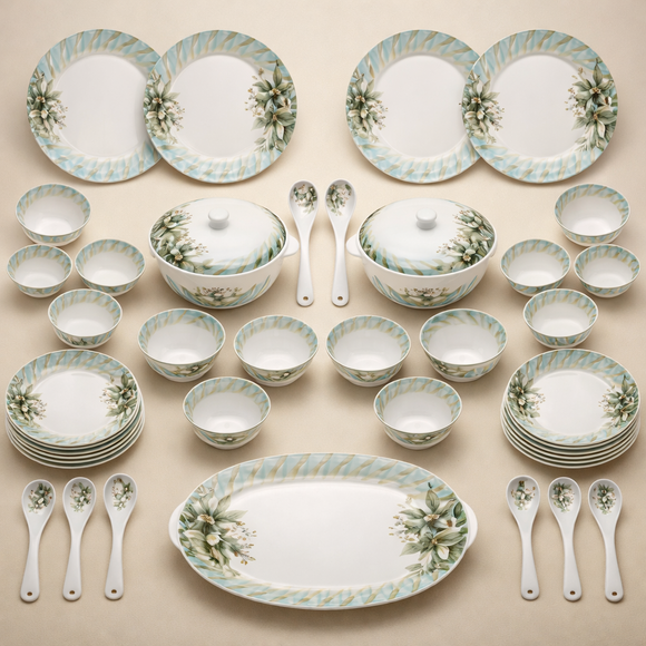 Comfy Homes Round Melamine 41 Pcs Dinner Set | 6 Dinner Plates, 6 Small Plates, 1 Serving Tray, 3 Big Serving Bowls with Lid, 12 Small Bowls, 6 Spoons, 4 Serving Spoons (Verdant Bloom)