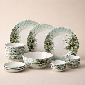 Comfy Homes Round Melamine 41 Pcs Dinner Set | 6 Dinner Plates, 6 Small Plates, 1 Serving Tray, 3 Big Serving Bowls with Lid, 12 Small Bowls, 6 Spoons, 4 Serving Spoons (Verdant Bloom) - 0