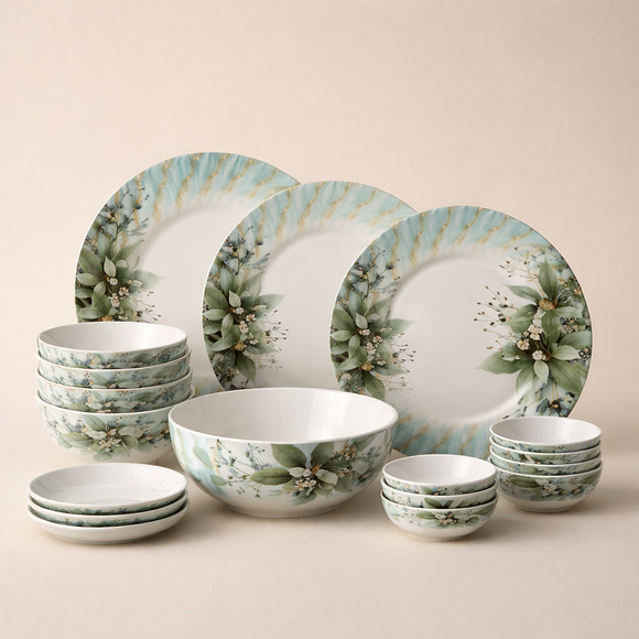 Comfy Homes Round Melamine 41 Pcs Dinner Set | 6 Dinner Plates, 6 Small Plates, 1 Serving Tray, 3 Big Serving Bowls with Lid, 12 Small Bowls, 6 Spoons, 4 Serving Spoons (Verdant Bloom)