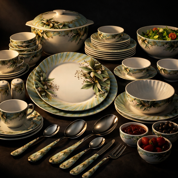 Comfy Homes Round Melamine 41 Pcs Dinner Set | 6 Dinner Plates, 6 Small Plates, 1 Serving Tray, 3 Big Serving Bowls with Lid, 12 Small Bowls, 6 Spoons, 4 Serving Spoons (Verdant Bloom)