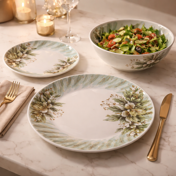 Comfy Homes Round Melamine 41 Pcs Dinner Set | 6 Dinner Plates, 6 Small Plates, 1 Serving Tray, 3 Big Serving Bowls with Lid, 12 Small Bowls, 6 Spoons, 4 Serving Spoons (Verdant Bloom)