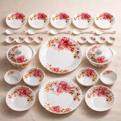 Comfy Homes 32 Pcs Lightweight Dinner Set | Round Design with Dinner Plates, Small Plates, Serving Tray, Bowls with Lids, Spoons & Serving Spoons | Unbreakable & Lightweight Dinnerware (Serene Gardenia)