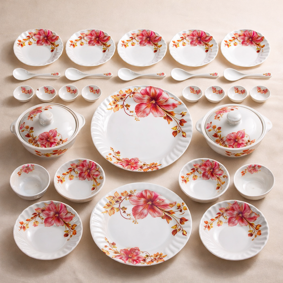 Comfy Homes 32 Pcs Lightweight Dinner Set | Round Design with Dinner Plates, Small Plates, Serving Tray, Bowls with Lids, Spoons & Serving Spoons | Unbreakable & Lightweight Dinnerware (Serene Gardenia)
