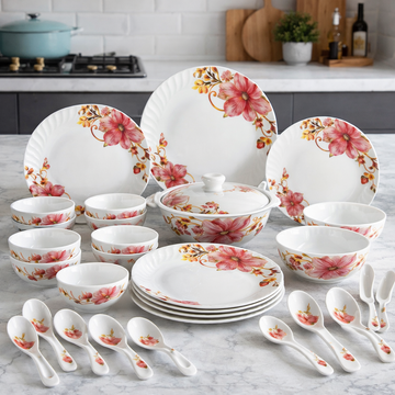 Comfy Homes 32 Pcs Lightweight Dinner Set | Round Design with Dinner Plates, Small Plates, Serving Tray, Bowls with Lids, Spoons & Serving Spoons | Unbreakable & Lightweight Dinnerware (Serene Gardenia) - 0