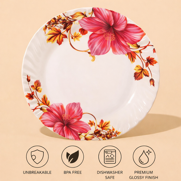 Comfy Homes 32 Pcs Lightweight Dinner Set | Round Design with Dinner Plates, Small Plates, Serving Tray, Bowls with Lids, Spoons & Serving Spoons | Unbreakable & Lightweight Dinnerware (Serene Gardenia)