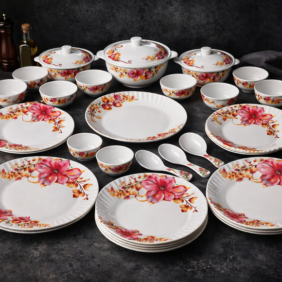 Comfy Homes 24 Pcs Lightweight Dinner Set | Round Design with Dinner Plates, Small Plates, Serving Tray, Bowls with Lids, Spoons & Serving Spoons | Unbreakable & Lightweight Dinnerware (Serene Gardenia)