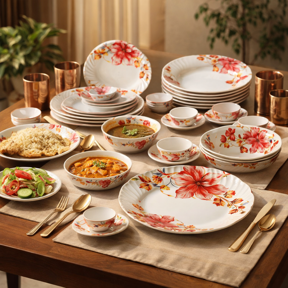 Comfy Homes 41 Pcs Lightweight Dinner Set | Round Design with Dinner Plates, Small Plates, Serving Tray, Bowls with Lids, Spoons & Serving Spoons | Unbreakable & Lightweight Dinnerware (Serene Gardenia)