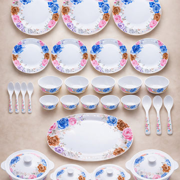 Comfy Homes 32 Pcs Lightweight Dinner Set | Round Design with Dinner Plates, Small Plates, Serving Tray, Bowls with Lids, Spoons & Serving Spoons | Unbreakable & Lightweight Dinnerware (Eden Elegance)