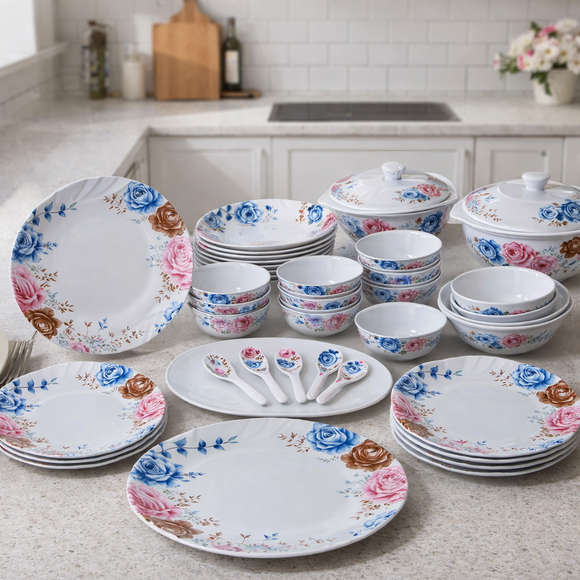 Comfy Homes 32 Pcs Lightweight Dinner Set | Round Design with Dinner Plates, Small Plates, Serving Tray, Bowls with Lids, Spoons & Serving Spoons | Unbreakable & Lightweight Dinnerware (Eden Elegance)