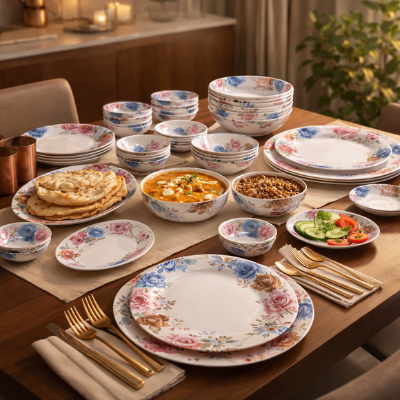 Comfy Homes Lightweight Dinner Set | Round Design with Dinner Plates, Small Plates, Serving Tray, Bowls with Lids, Spoons & Serving Spoons | Unbreakable & Lightweight Dinnerware (Eden Elegance)