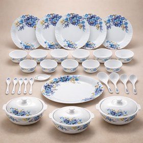 Comfy Homes 41 Pcs Lightweight Dinner Set | Round Design with Dinner Plates, Small Plates, Serving Tray, Bowls with Lids, Spoons & Serving Spoons | Unbreakable & Lightweight Dinnerware (Blossom Haven)