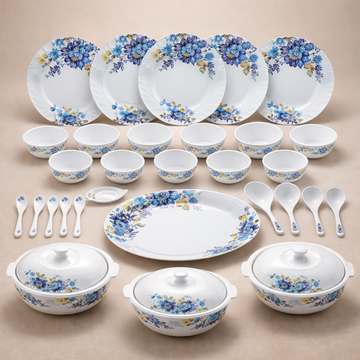 Comfy Homes 24 Pcs Lightweight Dinner Set | Round Design with Dinner Plates, Small Plates, Serving Tray, Bowls with Lids, Spoons & Serving Spoons | Unbreakable & Lightweight Dinnerware (Blossom Haven)