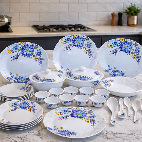 Comfy Homes 41 Pcs Lightweight Dinner Set | Round Design with Dinner Plates, Small Plates, Serving Tray, Bowls with Lids, Spoons & Serving Spoons | Unbreakable & Lightweight Dinnerware (Blossom Haven)