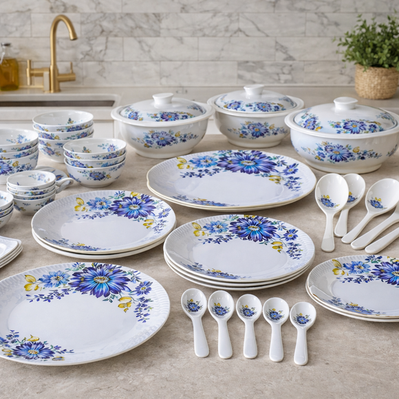 Comfy Homes 41 Pcs Lightweight Dinner Set | Round Design with Dinner Plates, Small Plates, Serving Tray, Bowls with Lids, Spoons & Serving Spoons | Unbreakable & Lightweight Dinnerware (Blossom Haven)