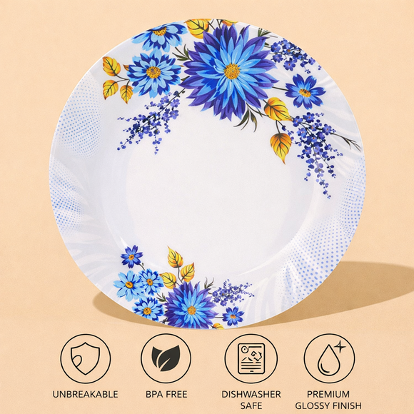 Comfy Homes 32 Pcs Lightweight Dinner Set | Round Design with Dinner Plates, Small Plates, Serving Tray, Bowls with Lids, Spoons & Serving Spoons | Unbreakable & Lightweight Dinnerware (Blossom Haven)