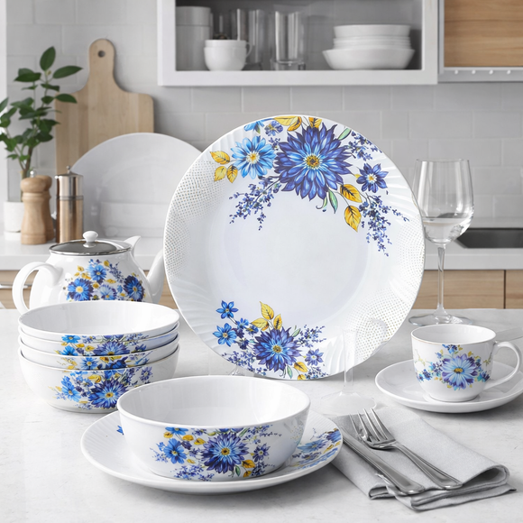 Comfy Homes 24 Pcs Lightweight Dinner Set | Round Design with Dinner Plates, Small Plates, Serving Tray, Bowls with Lids, Spoons & Serving Spoons | Unbreakable & Lightweight Dinnerware (Blossom Haven)