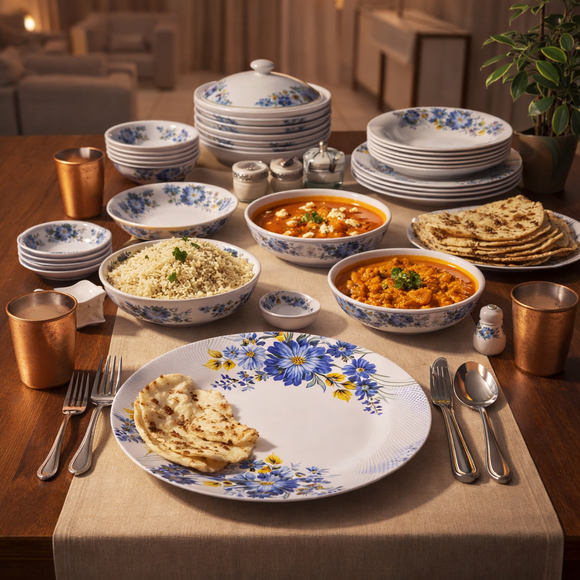 Comfy Homes 24 Pcs Lightweight Dinner Set | Round Design with Dinner Plates, Small Plates, Serving Tray, Bowls with Lids, Spoons & Serving Spoons | Unbreakable & Lightweight Dinnerware (Blossom Haven)