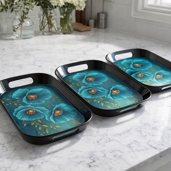 Comfy Homes Durable Multi-Use Premium Printed Rectangular Melamine Serve Ware Set with 3 Trays (Small, Medium & Large) (Blue Orchid)