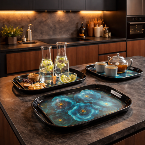 Comfy Homes Durable Multi-Use Premium Printed Rectangular Melamine Serve Ware Set with 3 Trays (Small, Medium & Large) (Blue Orchid)