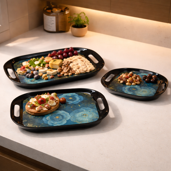 Comfy Homes Durable Multi-Use Premium Printed Rectangular Melamine Serve Ware Set with 3 Trays (Small, Medium & Large) (Blue Orchid)