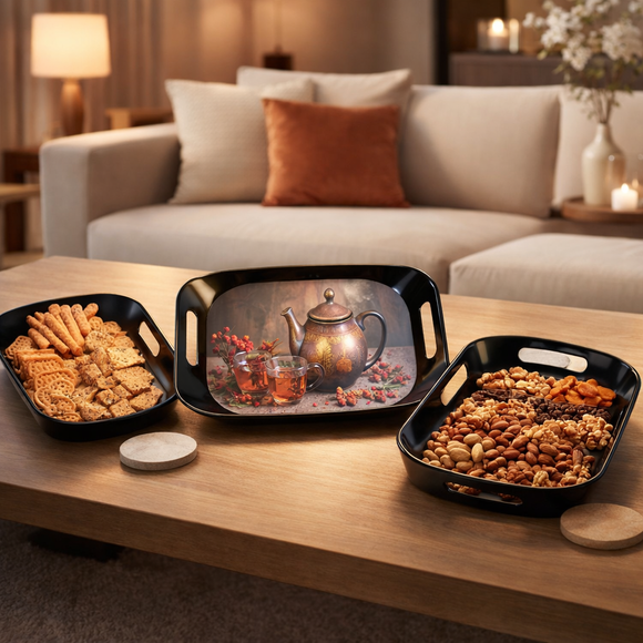 Comfy Homes Durable Multi-Use Premium Printed Rectangular Melamine Serve Ware Set with 3 Trays (Small, Medium & Large) (Arabian Teapot)