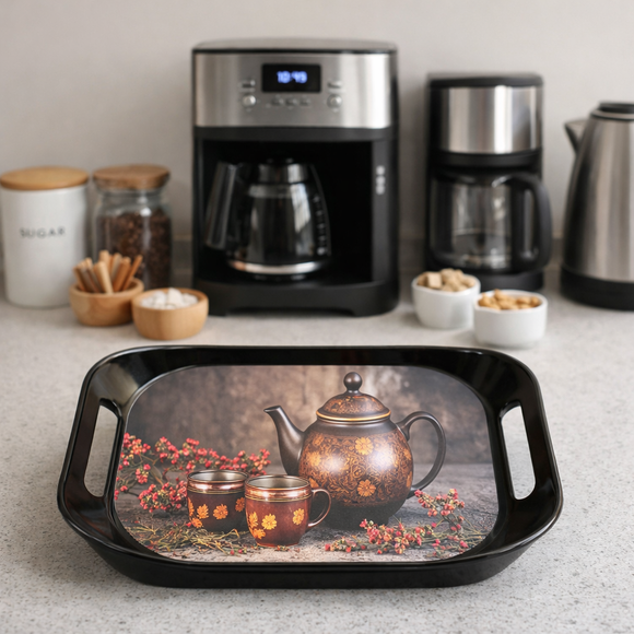 Comfy Homes Durable Multi-Use Premium Printed Rectangular Melamine Serve Ware Set with 3 Trays (Small, Medium & Large) (Arabian Teapot)