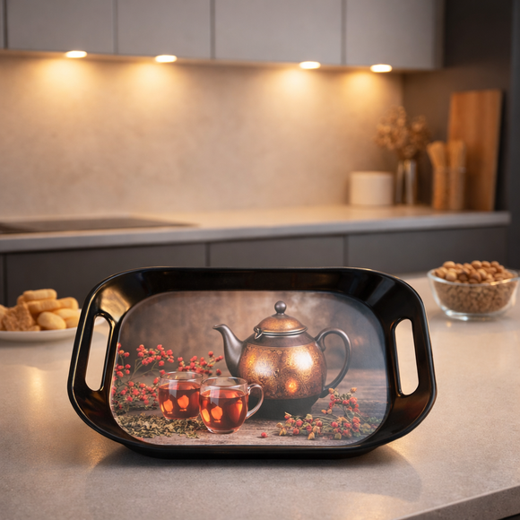 Comfy Homes Durable Multi-Use Premium Printed Rectangular Melamine Serve Ware Set with 3 Trays (Small, Medium & Large) (Arabian Teapot)