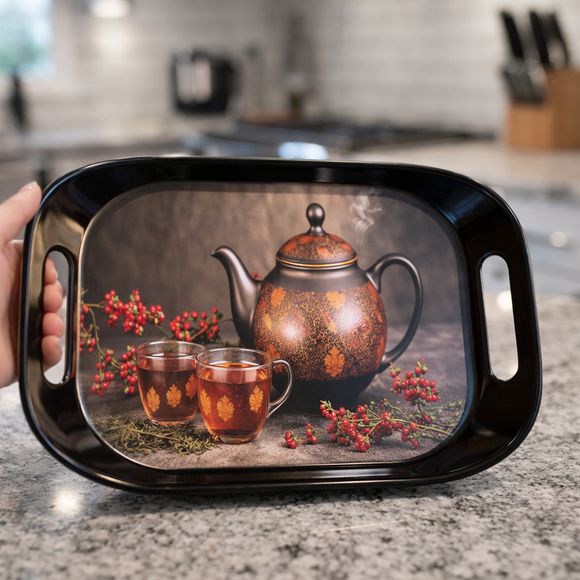 Comfy Homes Durable Multi-Use Premium Printed Rectangular Melamine Serve Ware Set with 3 Trays (Small, Medium & Large) (Arabian Teapot)