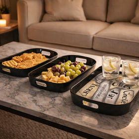 Comfy Homes Durable Multi-Use Premium Printed Rectangular Melamine Serve Ware Set with 3 Trays (Small, Medium & Large) (Coffee Bean) - 0