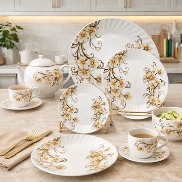 Comfy Homes Round Melamine 41 Pcs Dinner Set | 6 Dinner Plates, 6 Small Plates, 1 Serving Tray, 3 Big Serving Bowls with Lid, 12 Small Bowls, 6 Spoons, 4 Serving Spoons (Yellow Majesty)