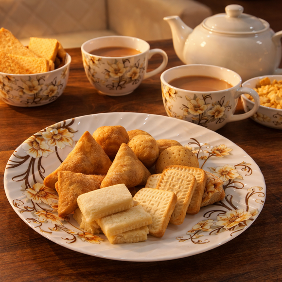 Comfy Homes Round Melamine 41 Pcs Dinner Set | 6 Dinner Plates, 6 Small Plates, 1 Serving Tray, 3 Big Serving Bowls with Lid, 12 Small Bowls, 6 Spoons, 4 Serving Spoons (Yellow Majesty)