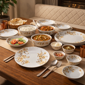 Comfy Homes Round Melamine 41 Pcs Dinner Set | 6 Dinner Plates, 6 Small Plates, 1 Serving Tray, 3 Big Serving Bowls with Lid, 12 Small Bowls, 6 Spoons, 4 Serving Spoons (Yellow Majesty) - 0